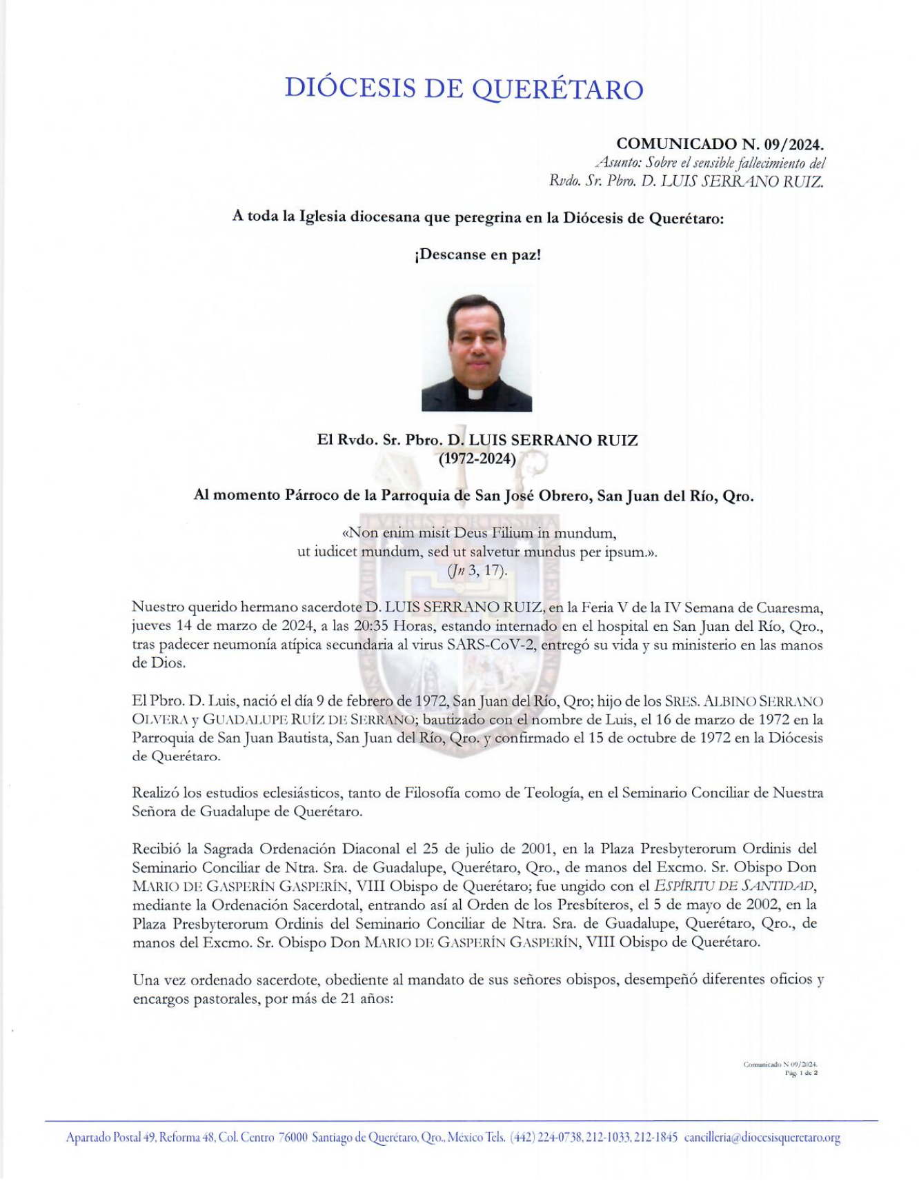 COMUNICADO N. 09/2024. Asunto: Sobre el sensible fallecimiento del Rvdo. Sr. Pbro. D. LUIS SERRANO RUIZ.